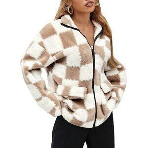Oversized Faux Fur Sherpa Fleece Jacket with Pockets, Zip Up Winter Coat